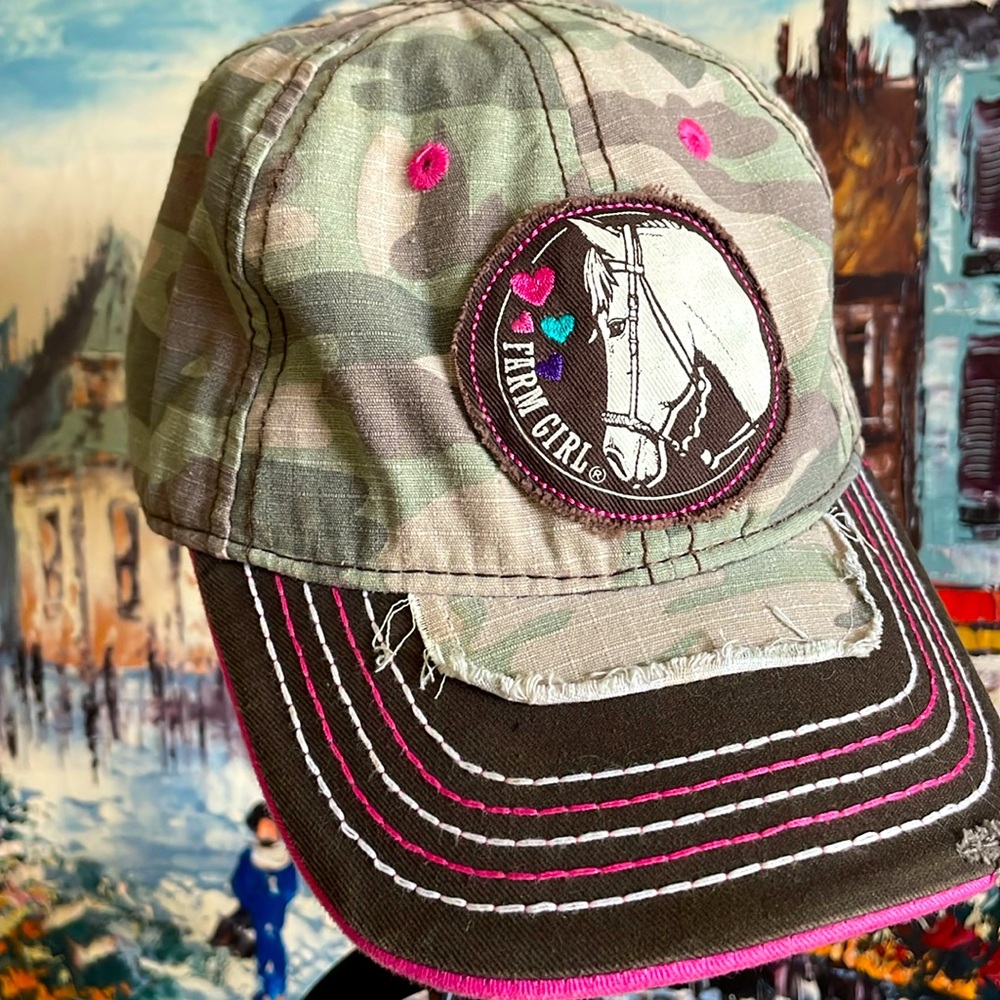 New Farm Girl Distressed Camouflage Cap Horse Motif Pink Accents Adorable